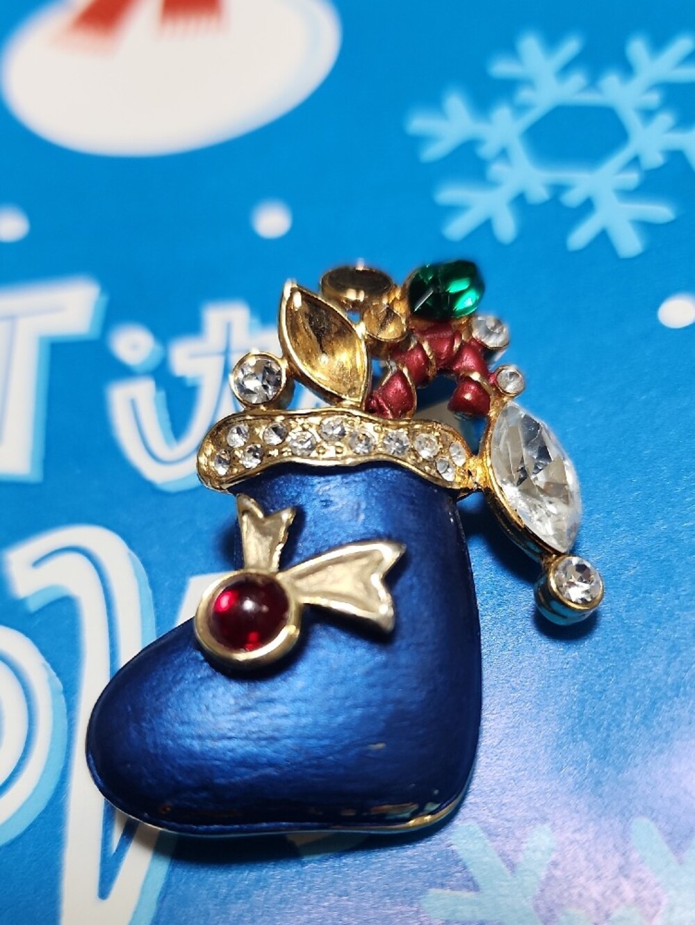 Blue Holiday Stocking Brooch with Rhinestones